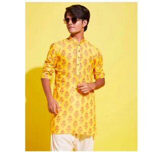VASTRAMAY Boy's Orange Multi Color Printed Cotton Blend Kurta